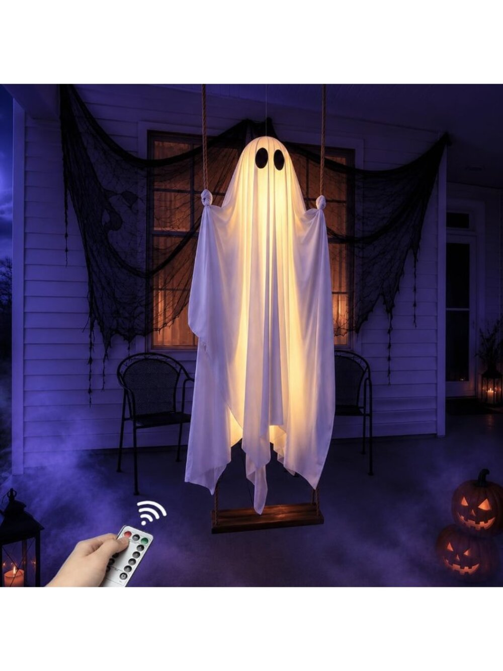 5ft Hanging Ghost Halloween Decoration | Outdoor Swing, Timer Lights, Adjustable